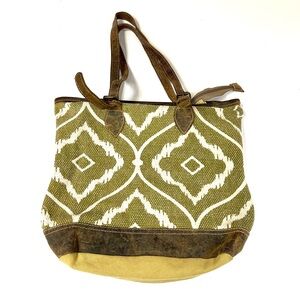 Myra Shoulder Tote Bag Leather Canvas Western Boho Brown Green #4065